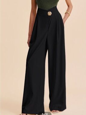 NWTCOMMENSE High-Waist Black Wide-Leg Trousers with Decorative Button-M